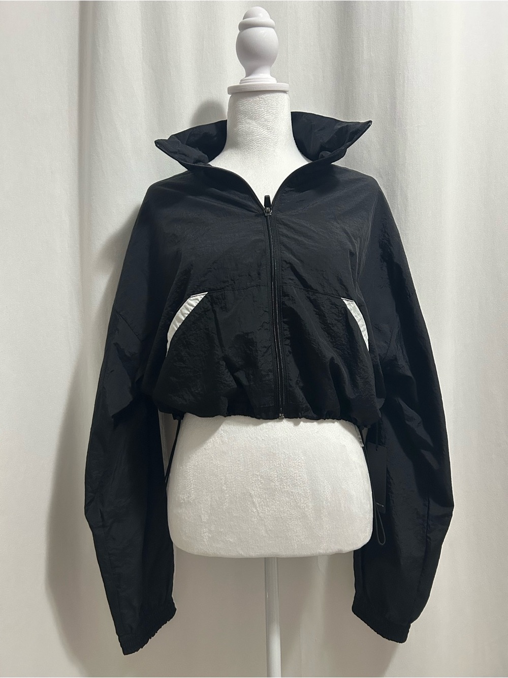 Black Cropped Zip-Front Bomber Jacket with White Pocket Accents